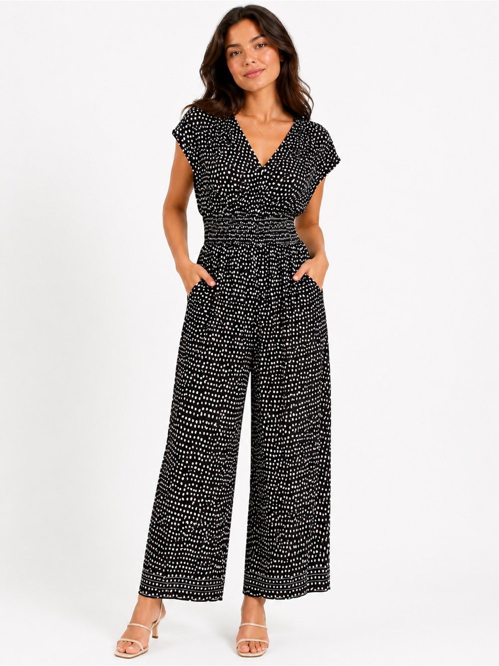 Polka Dot Wide-Leg Jumpsuit - Black/White see measurements